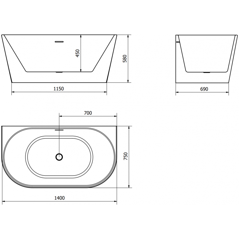 Mexen Oval volně stojící přisazená vana 140 x 75 cm, bílá, přepad kartáčovaná měď - 52671407500-65