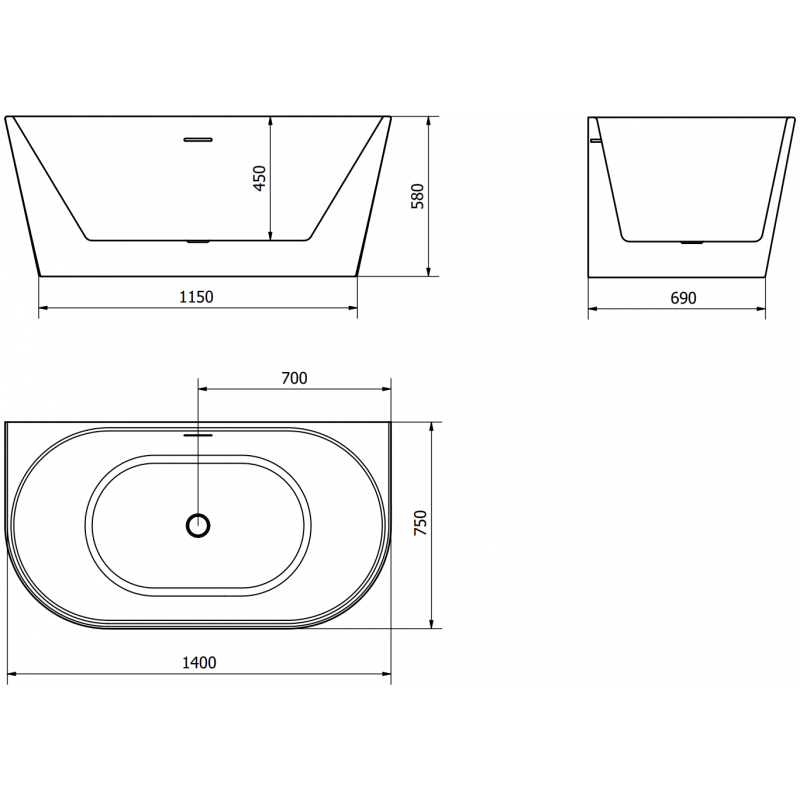 Mexen Oval volně stojící vana přistavená ke zdi 140 x 75 cm, bílá/černá, přepad kartáčovaný nikl - 52671407575-97