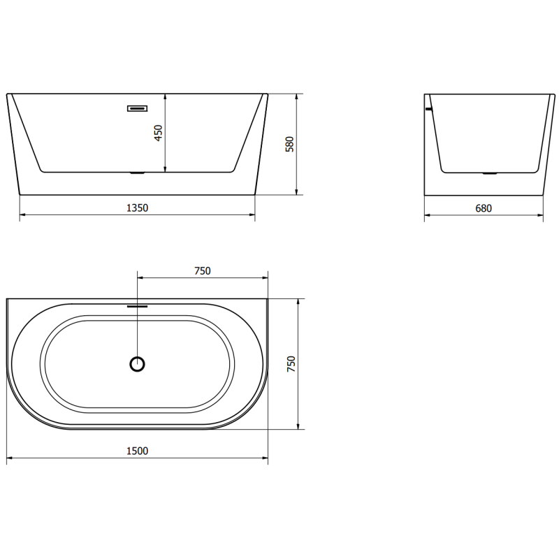 Mexen Oval volně stojící vana ke zdi 150 x 75 cm, bílá, přepad kartáčovaný nikl - 52671507500-97