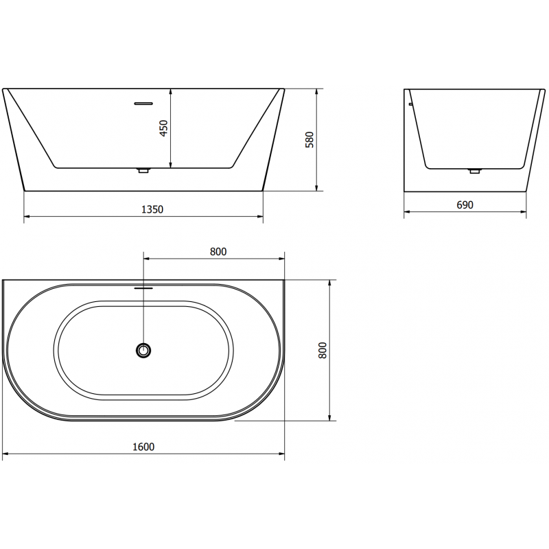 Mexen Oval volně stojící přisazená vana 160 x 80 cm, bílá, přepad gun metal - 52671608000-95