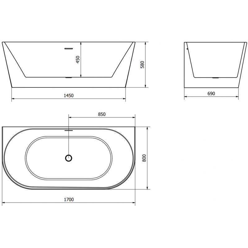 Mexen Oval samostatně stojící nástěnná vana 170 x 80 cm, bílá/černá, bílý přeliv - 52671708075-20