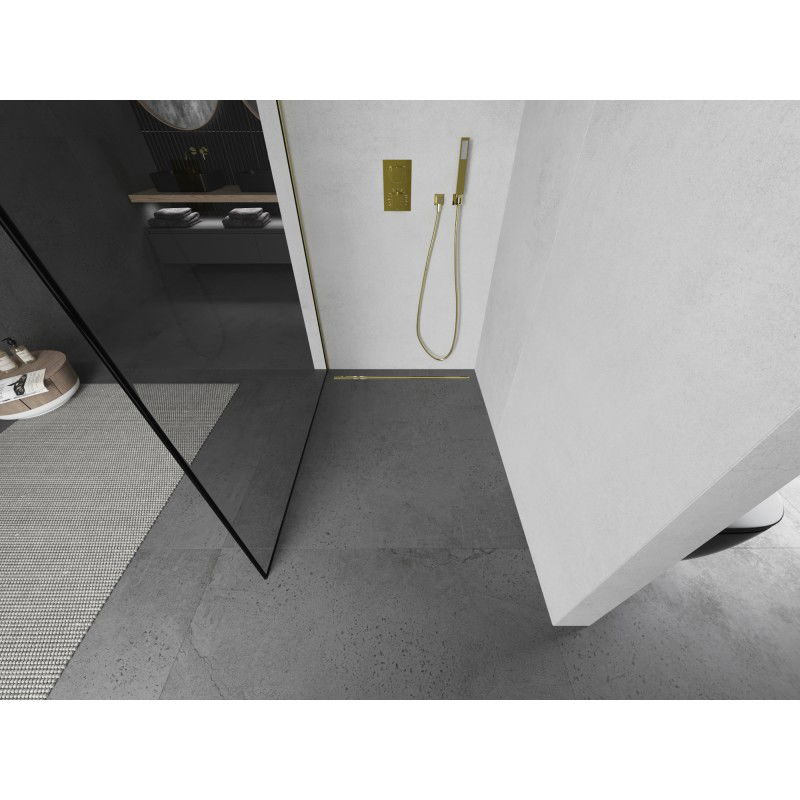 Mexen Kioto Sprchová stěna Walk-in 130 x 200 cm, černý rám 8 mm, zlatý kartáčovaný - 800-130-101-55-70