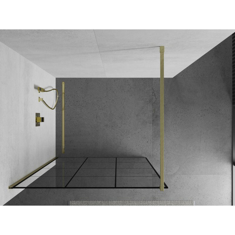 Mexen Kioto Sprchová stěna Walk-in 110 x 200 cm, černá mřížka 8 mm, zlatá kartáčovaná - 800-110-101-55-77