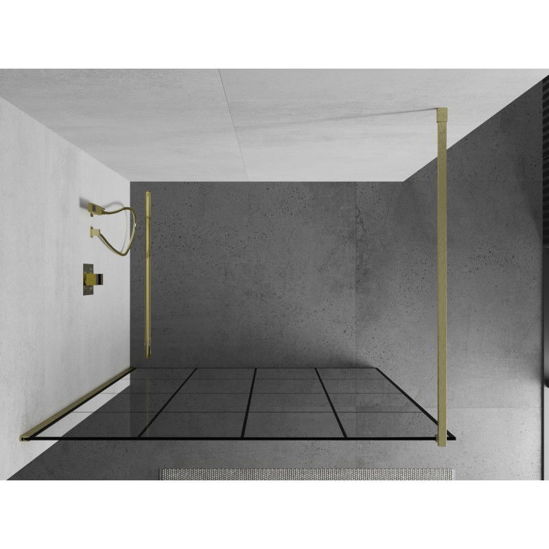 Mexen Kioto sprchová stěna Walk-in 130 x 200 cm, černá mřížka 8 mm, zlatá kartáčovaná - 800-130-101-55-77