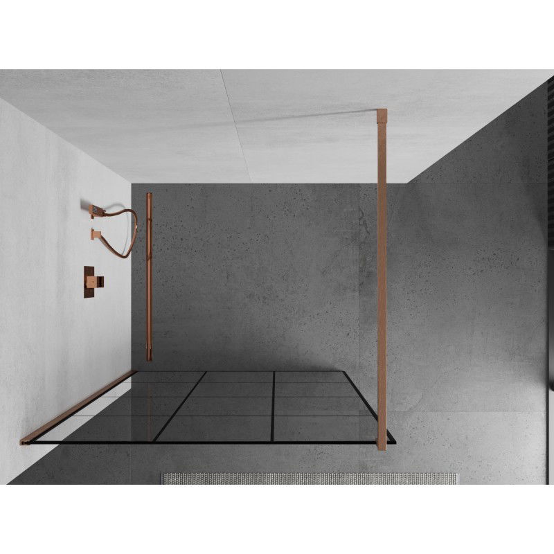 Mexen Kioto sprchová stěna Walk-in 100 x 200 cm, černá mřížka 8 mm, kartáčovaná měď - 800-100-101-65-77