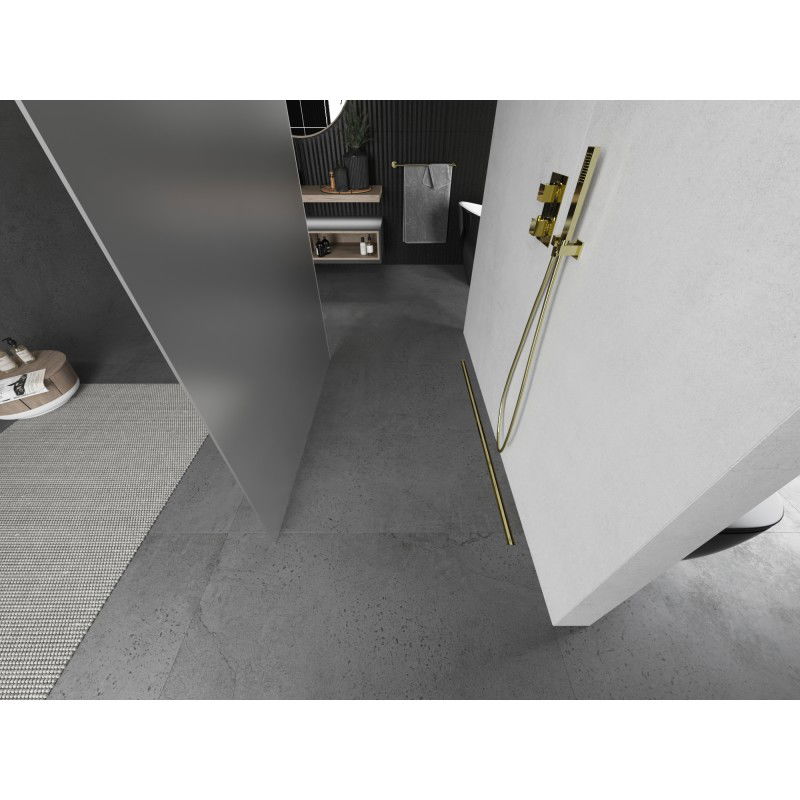 Mexen Kioto sprchová stěna volně stojící 100 x 200 cm, matné sklo 8 mm, zlatý kartáčovaný - 800-100-002-55-30