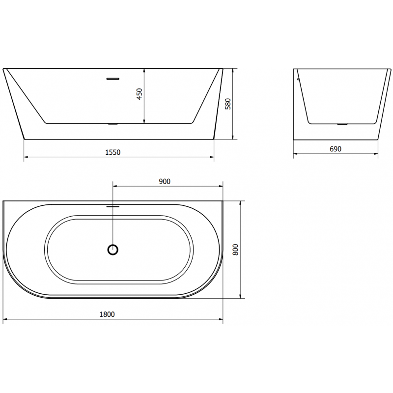 Mexen Oval volně stojící přisazená vana 180 x 80 cm, bílá/černá, přepad kartáčovaný nikl - 52671808075-97