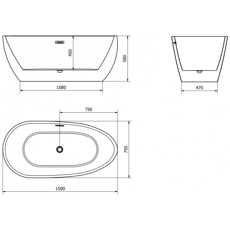Mexen Eos volně stojící vana 150 x 75 cm, bílá/černá, přepad růžové zlato - 52471507575-60