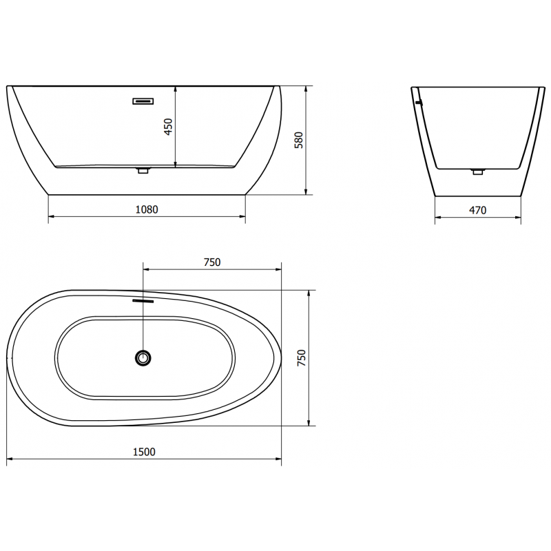 Mexen Eos volně stojící vana 150 x 75 cm, bílá/černá, přepad gun metal - 52471507575-95