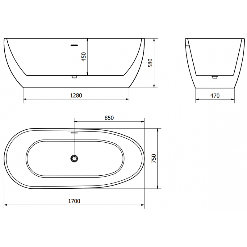 Mexen Eos volně stojící vana 170 x 75 cm, bílá/černá, přepad chrom - 52471707575-01