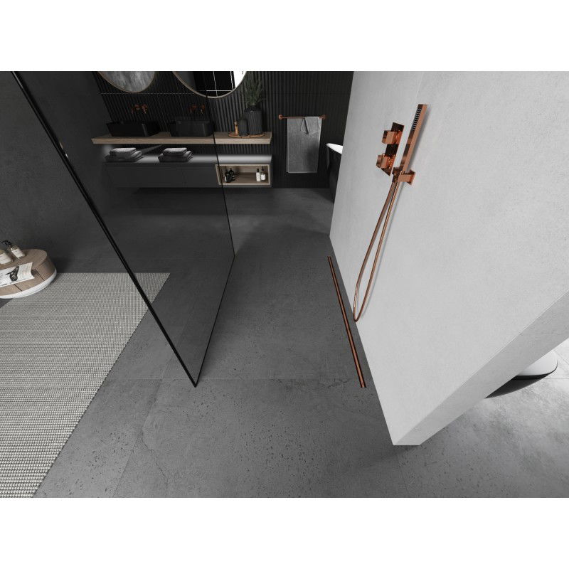 Mexen Kioto volně stojící sprchová stěna 130 x 200 cm, černý rám 8 mm, kartáčovaná měď - 800-130-002-65-70