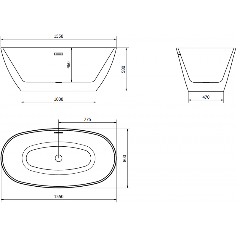 Mexen Eris volně stojící vana 155 x 80 cm, bílá, přepad kartáčovaný nikl - 53441558000-97