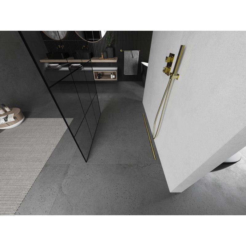 Mexen Kioto samostatná sprchová stěna 110 x 200 cm, černá mřížka 8 mm, zlatá kartáčovaná - 800-110-002-55-77