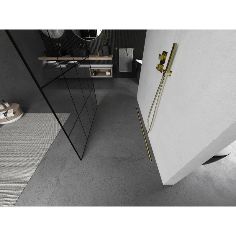 Mexen Kioto volně stojící sprchová stěna 150 x 200 cm, černá mřížka 8 mm, zlatý kartáčovaný - 800-150-002-55-77