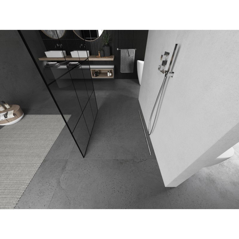 Mexen Kioto volně stojící sprchová zástěna 110 x 200 cm, černá mřížka 8 mm, kartáčovaný nikl - 800-110-002-97-77