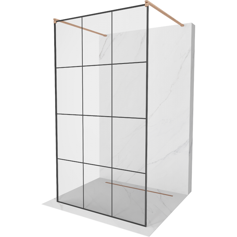 Mexen Kioto volně stojící sprchová stěna 110 x 200 cm, černá mřížka 8 mm, kartáčovaná měď - 800-110-002-65-77