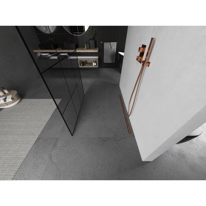 Mexen Kioto volně stojící sprchová stěna 120 x 200 cm, černá mřížka 8 mm, kartáčovaná měď - 800-120-002-65-77