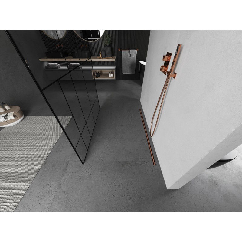 Mexen Kioto volně stojící sprchová stěna 100 x 200 cm, černý vzor 8 mm, kartáčovaná měď - 800-100-002-65-78