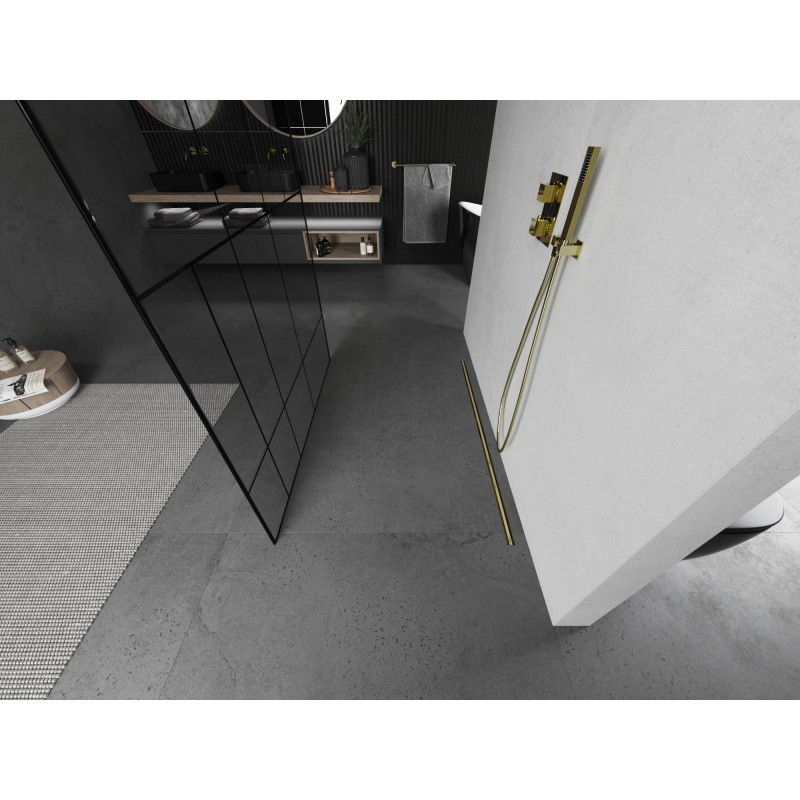 Mexen Kioto samostatně stojící sprchová stěna 130 x 200 cm, černý vzor 8 mm, zlatá kartáčovaná - 800-130-002-55-78