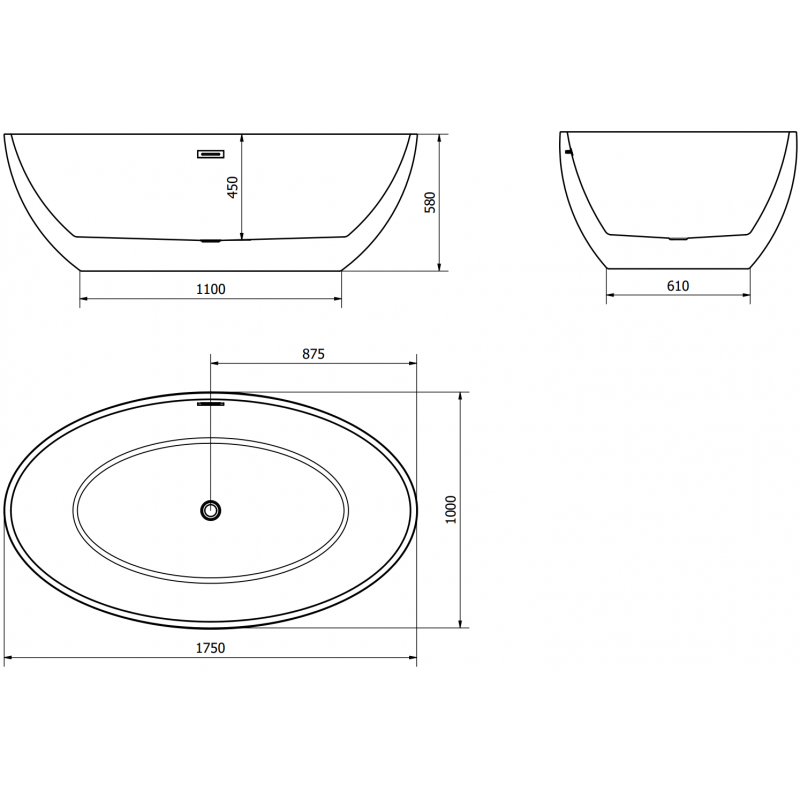 Mexen Nike volně stojící vana 175 x 100 cm, bílá, přepad v gun gray kartáčovaný - 54071751000-66