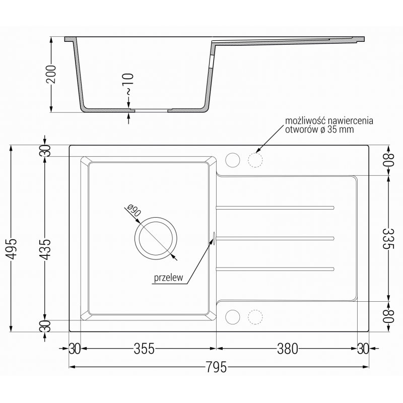Mexen Bruno jednokomorový granitový dřez s odkapávačem 795 x 495 mm, černý/stříbrný metalik, sifon chrom- 6513791010-73