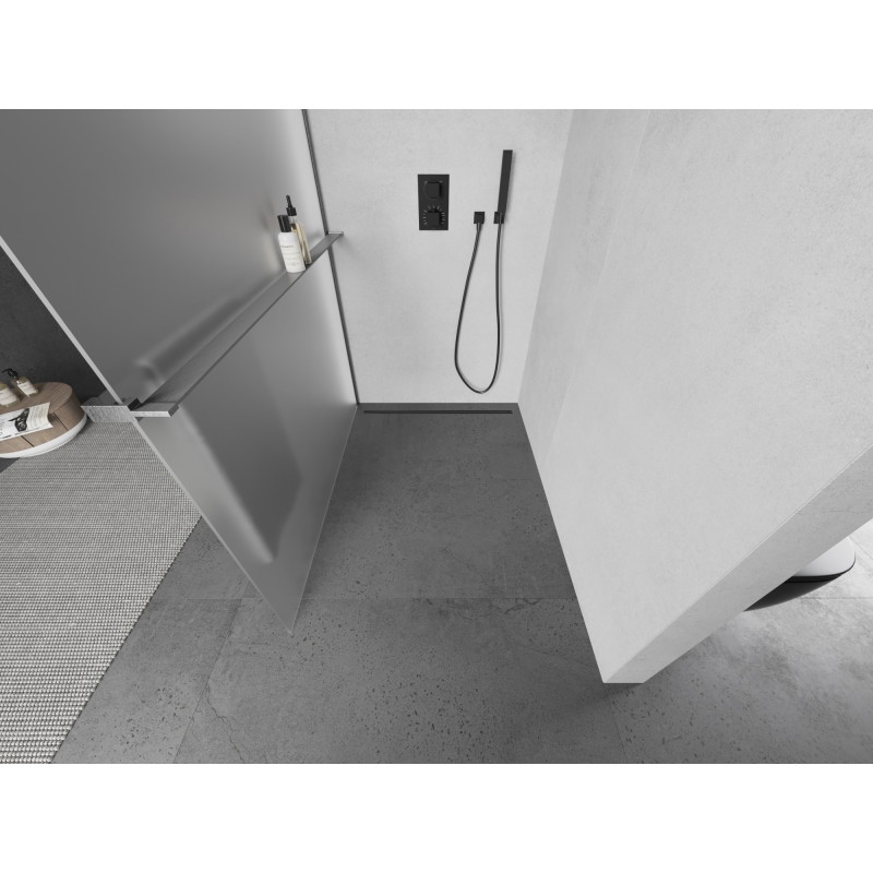 Mexen Kioto+ sprchová stěna s policí Walk-in 70 x 200 cm, matné sklo, kartáčovaná zbraňová šedá - 800-070-121-66-30