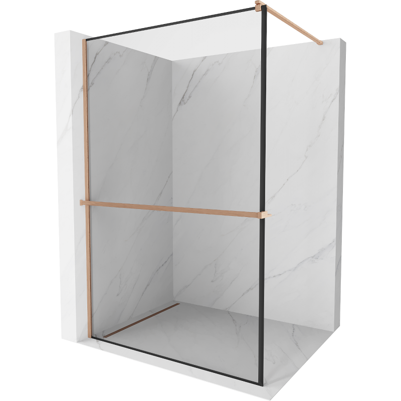 Mexen Kioto+ sprchová stěna s policí Walk-in 130 x 200 cm, černý rám, kartáčovaná měď - 800-130-121-65-70