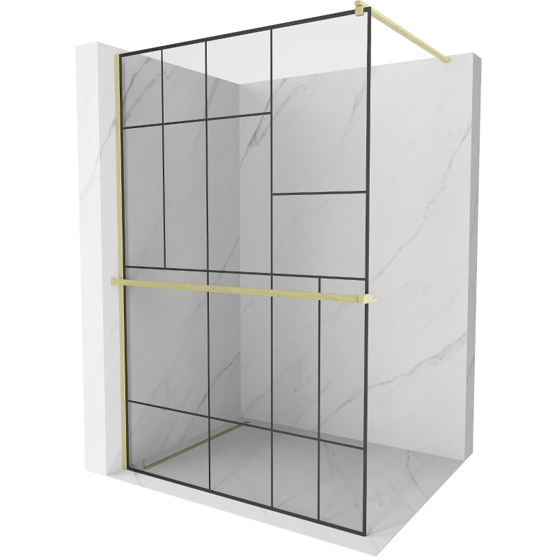 Mexen Kioto+ sprchová stěna s poličkou Walk-in 100 x 200 cm, černý vzor, zlatá kartáčovaná - 800-100-121-55-78