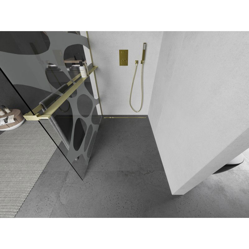 Mexen Kioto+ sprchová stěna s poličkou Walk-in 80 x 200 cm, bílá vlna, zlatá kartáčovaná - 800-080-121-55-97