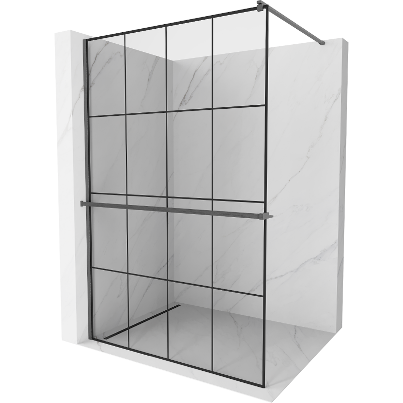 Mexen Kioto+ sprchová stěna s policí Walk-in 140 x 200 cm, černá mřížka, kartáčovaná gun šedá - 800-140-121-66-77