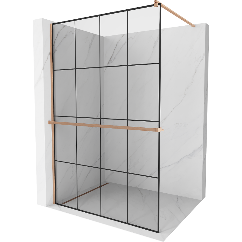 Mexen Kioto+ sprchová stěna s policí Walk-in 130 x 200 cm, černá mřížka, kartáčovaná měď - 800-130-121-65-77