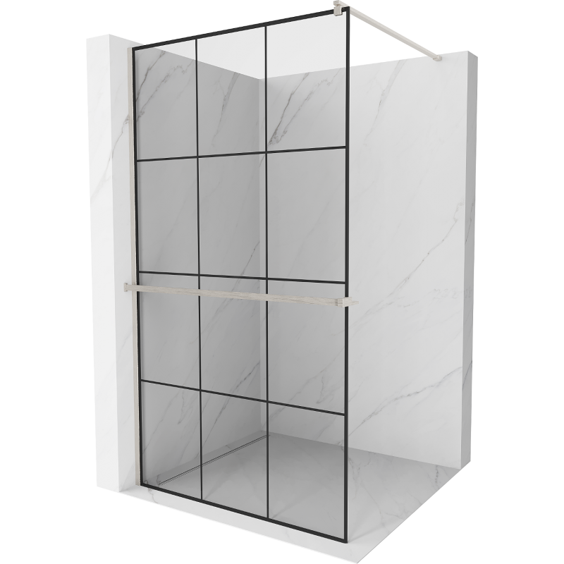 Mexen Kioto+ sprchová stěna s policí Walk-in 110 x 200 cm, černá mřížka, kartáčovaný nikl - 800-110-121-97-77