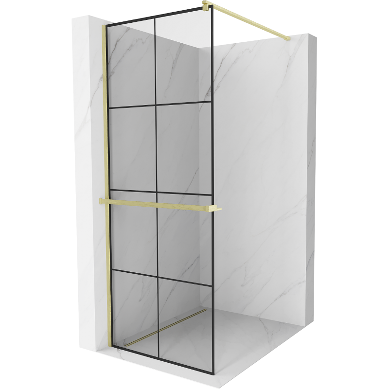 Mexen Kioto+ sprchová stěna s policí Walk-in 80 x 200 cm, černá mřížka, zlato kartáčovaná - 800-080-121-55-77