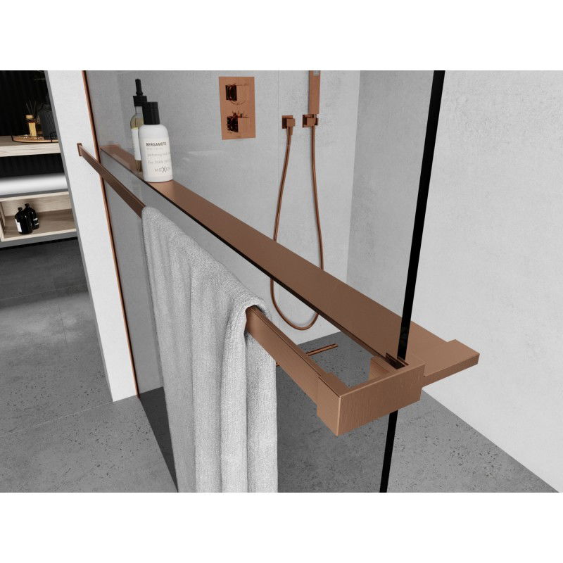 Mexen polička k sprchové stěně s madlem na ručníky, kartáčovaná měď - 800-02-65