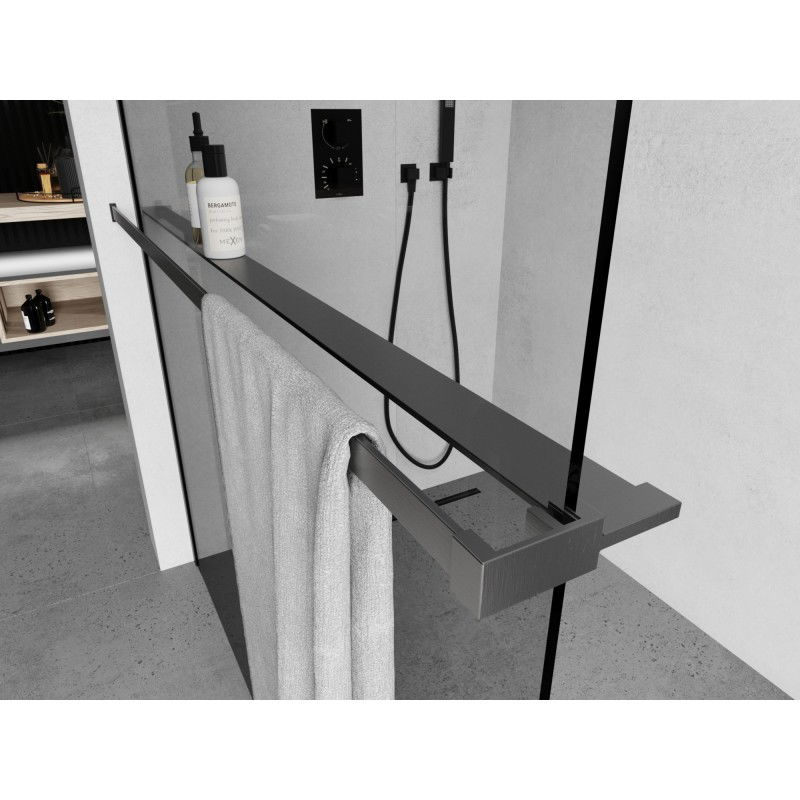 Mexen polička ke sprchové stěně s relingem na ručníky, kartáčovaná gun šedá - 800-02-66