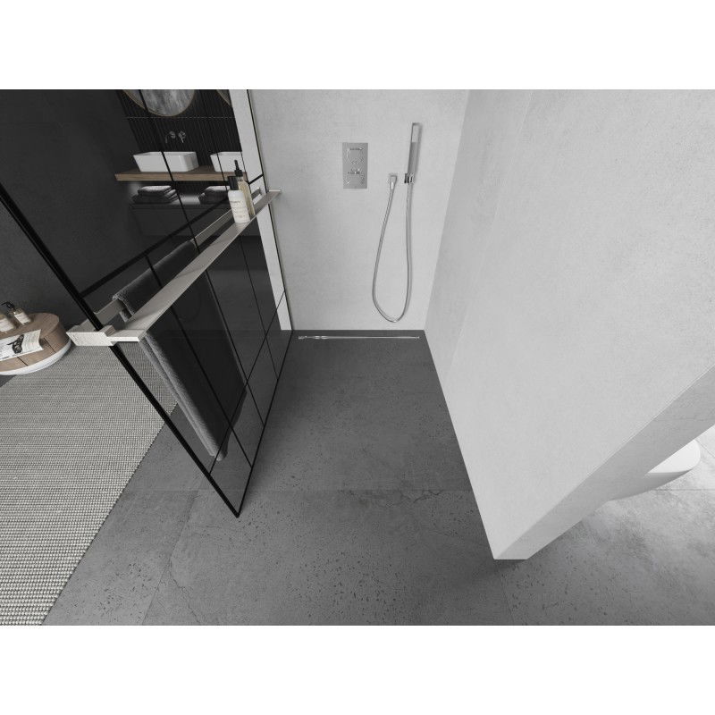 Mexen Kioto+ L sprchová stěna s policí Walk-in 70 x 200 cm, černý vzor, kartáčovaný nikl - 800-070-123-97-78