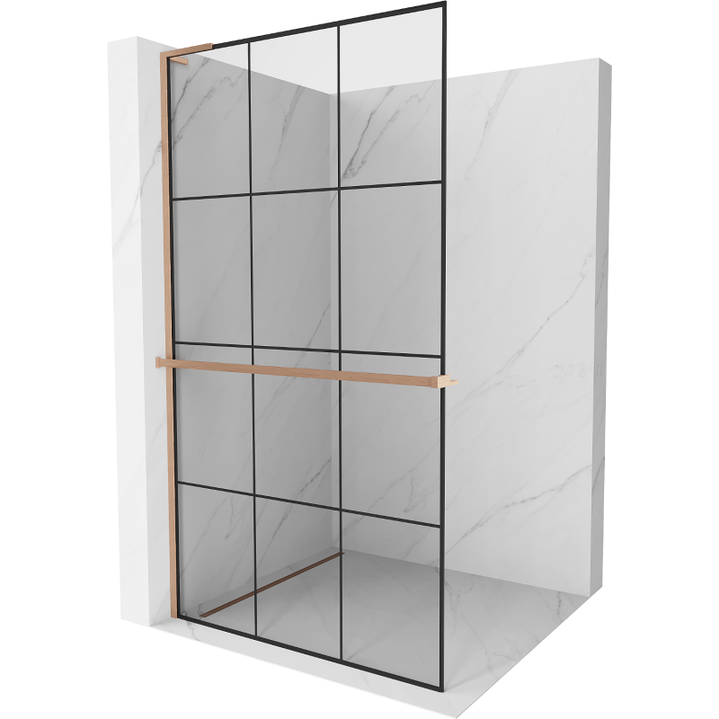 Mexen Kioto+ L sprchová stěna s policí Walk-in 100 x 200 cm, černá mřížka, kartáčovaná měď - 800-100-123-65-77