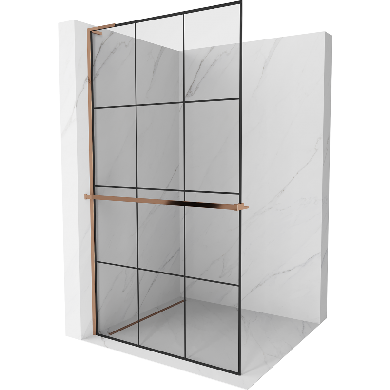 Mexen Kioto+ L sprchová stěna s poličkou Walk-in 100 x 200 cm, černá mřížka, růžové zlato - 800-100-123-60-77