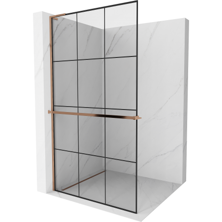 Mexen Kioto+ L sprchová stěna s poličkou Walk-in 100 x 200 cm, černá mřížka, růžové zlato - 800-100-123-60-77