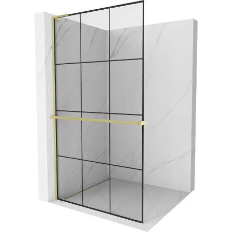 Mexen Kioto+ L sprchová stěna s policí Walk-in 110 x 200 cm, černá mřížka, zlatá kartáčovaná - 800-110-123-55-77