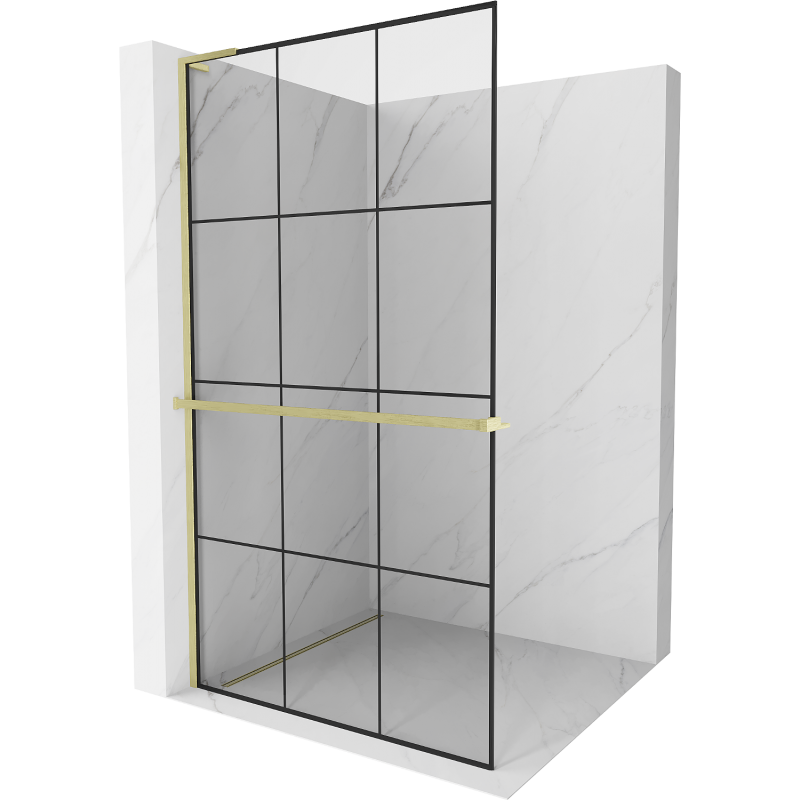 Mexen Kioto+ L sprchová stěna s poličkou Walk-in 120 x 200 cm, černá mřížka, zlatá kartáčovaná - 800-120-123-55-77