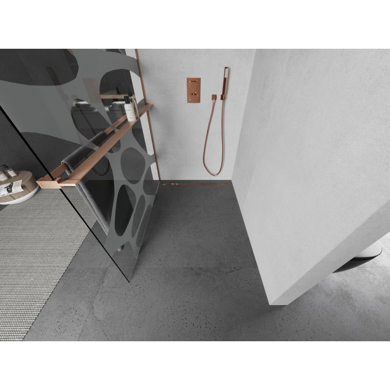 Mexen Kioto+ L sprchová stěna s policí Walk-in 70 x 200 cm, bílá vlna, kartáčovaná měď - 800-070-123-65-97