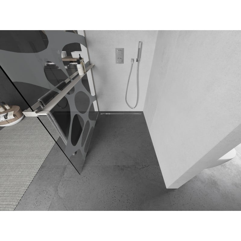 Mexen Kioto+ L sprchová stěna s policí Walk-in 120 x 200 cm, bílá vlna, kartáčovaný nikl - 800-120-123-97-97