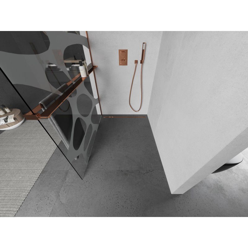 Mexen Kioto+ L sprchová zástěna s policí Walk-in 70 x 200 cm, bílá vlna, růžové zlato - 800-070-123-60-97