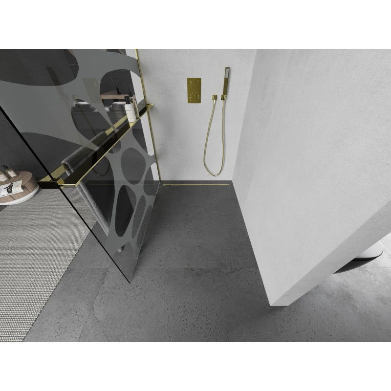 Mexen Kioto+ L sprchová stěna s policí Walk-in 80 x 200 cm, bílá vlna, zlatá - 800-080-123-50-97