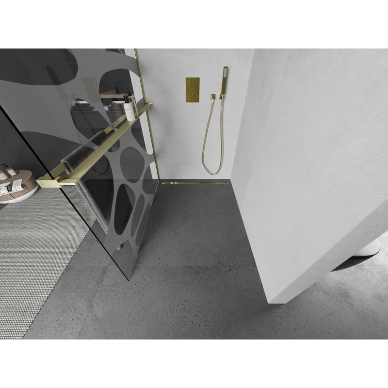 Mexen Kioto+ L sprchová zástěna s poličkou Walk-in 110 x 200 cm, bílá vlna, zlatý kartáčovaný - 800-110-123-55-97