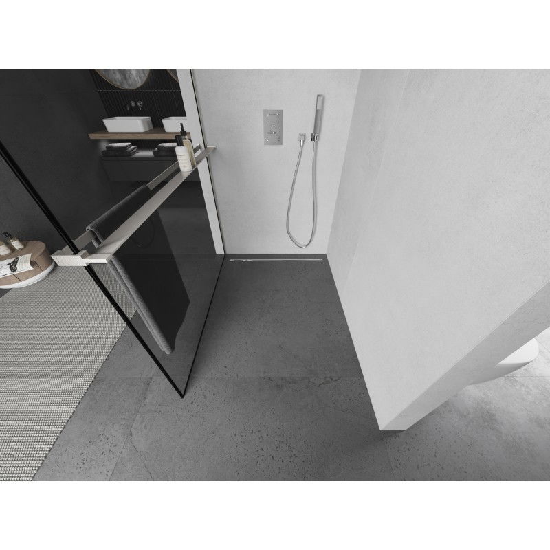 Mexen Kioto+ L sprchová stěna s poličkou Walk-in 90 x 200 cm, černý rámeček, kartáčovaný nikl - 800-090-123-97-70