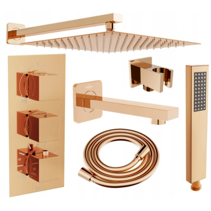 Mexen Cube DR02 podomítková vana a sprchový set s dešťovou sprchou 30 cm, růžové zlato - 77503DR0230-60