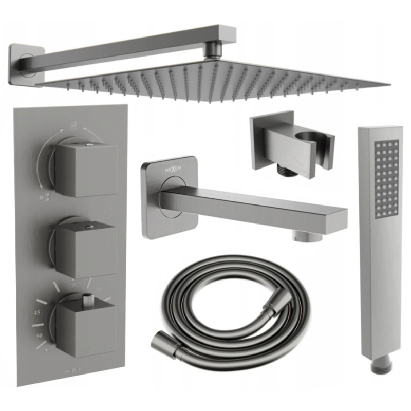 Mexen Cube DR02 vanový sprchový set podomítkový s dešťovou sprchou 30 cm, gun gray kartáčovaný - 77503DR0230-66