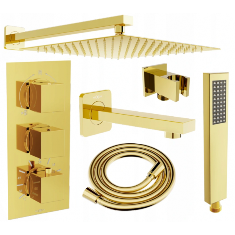Mexen Cube DR02 vestavěná vanová-sprchová sada s dešťovou sprchou 25 cm, zlatá - 77503DR0225-50